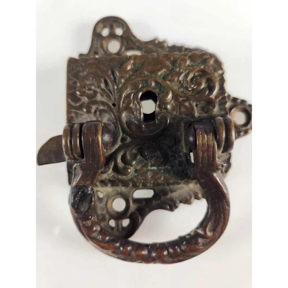 Antique Victorian Brass Ice Box Lock Beautiful Engraving Scroll Pre 1887 Patina